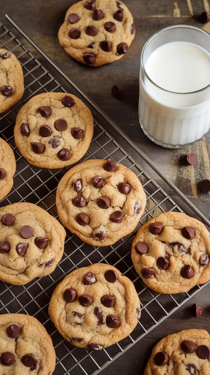 A tray of dairy-free protein chocolate chip cookies with a glass of milk