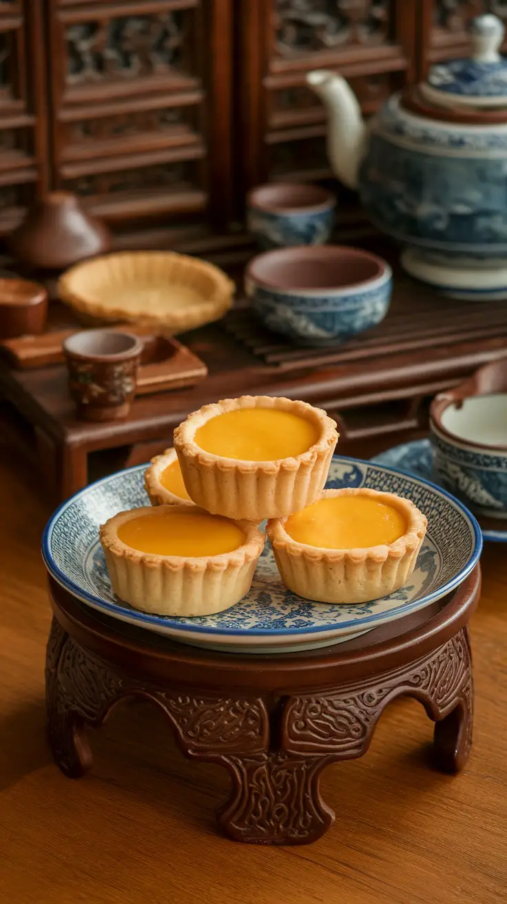 Plate of egg tarts with flaky crust arranged on a wooden table