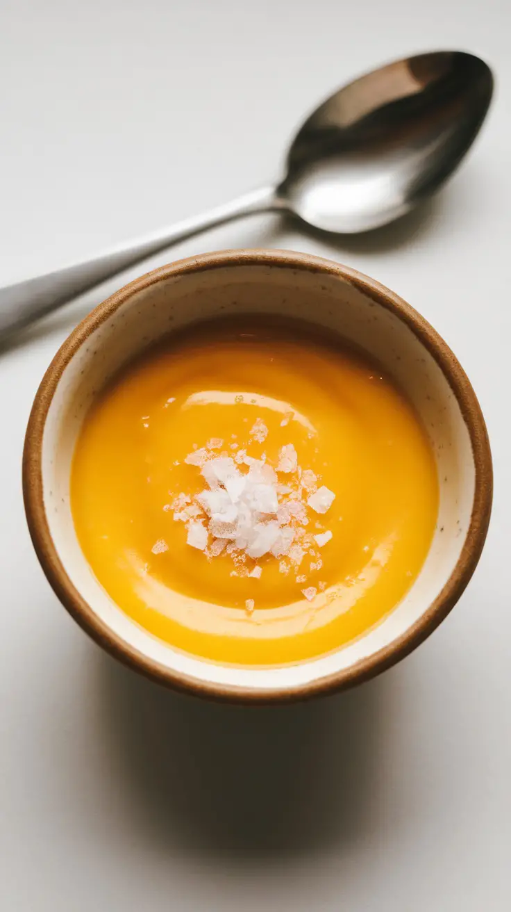 A small bowl of egg yolk custard topped with sea salt, with a spoon beside it.