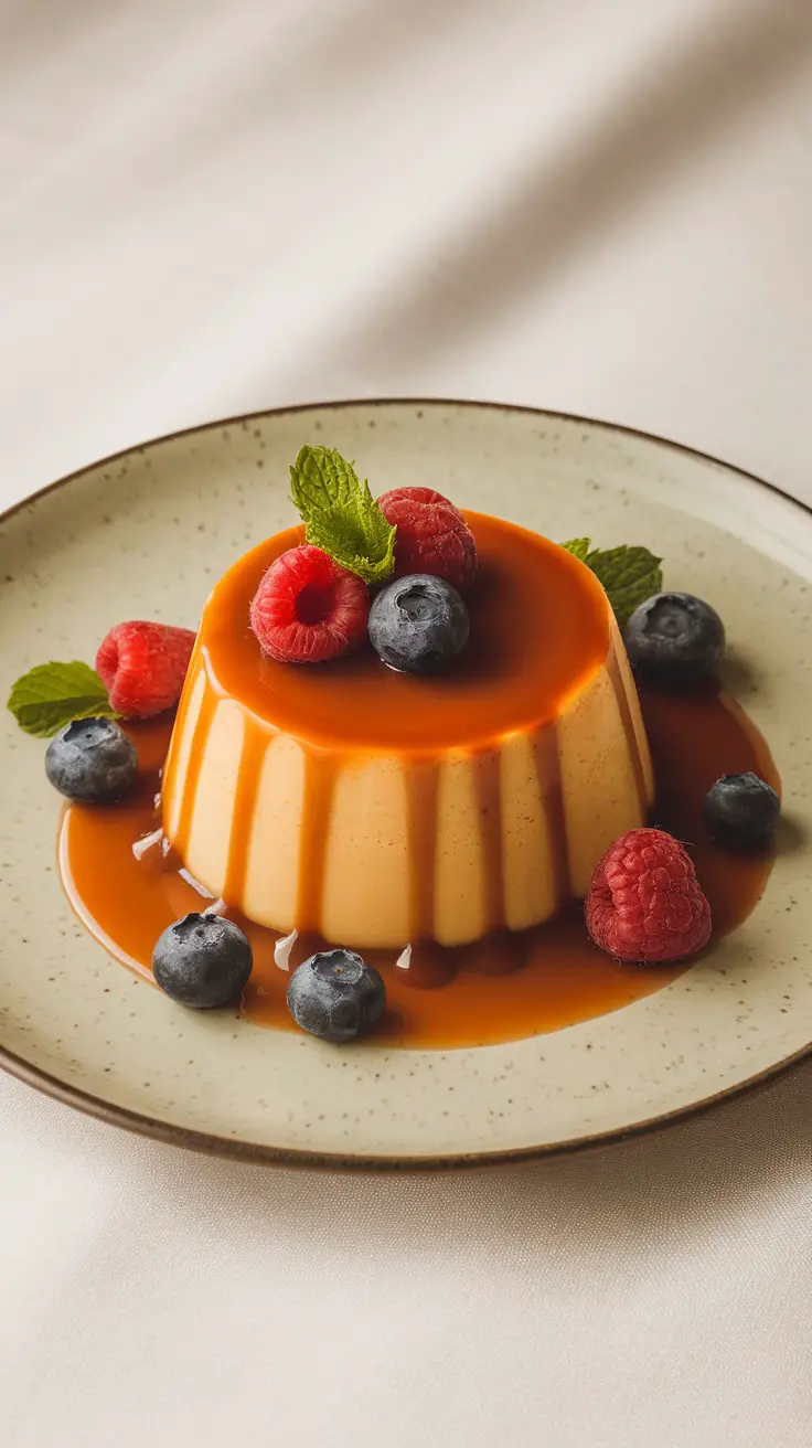 A serving of flan topped with caramel sauce, raspberries, and blueberries on a plate.
