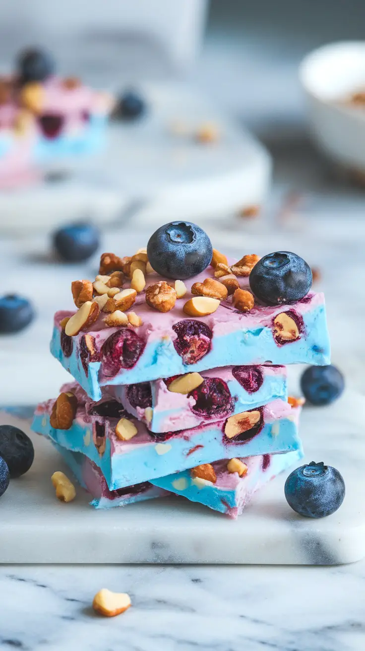Frozen blueberry yogurt bark stacked with blueberries on top and nuts sprinkled.