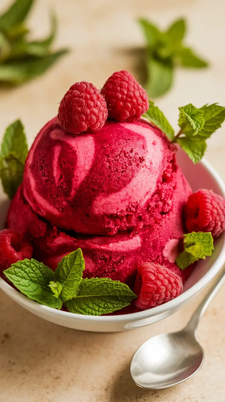 A bowl of vibrant raspberry sorbet garnished with fresh raspberries and mint leaves.