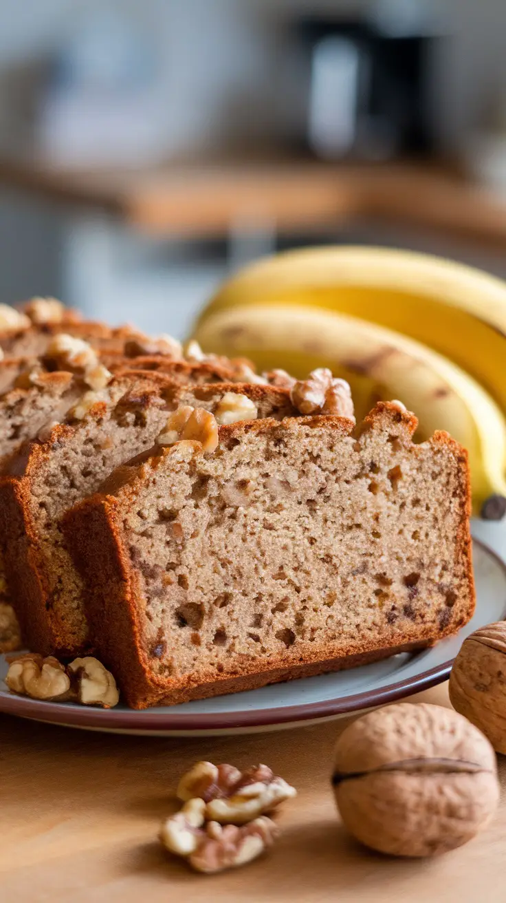 Sliced high-protein banana bread topped with walnuts, with bananas in the background.