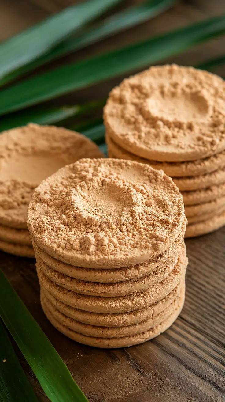 Stack of Injeolmi rice cakes with a light brown coating, showcasing their chewy texture.