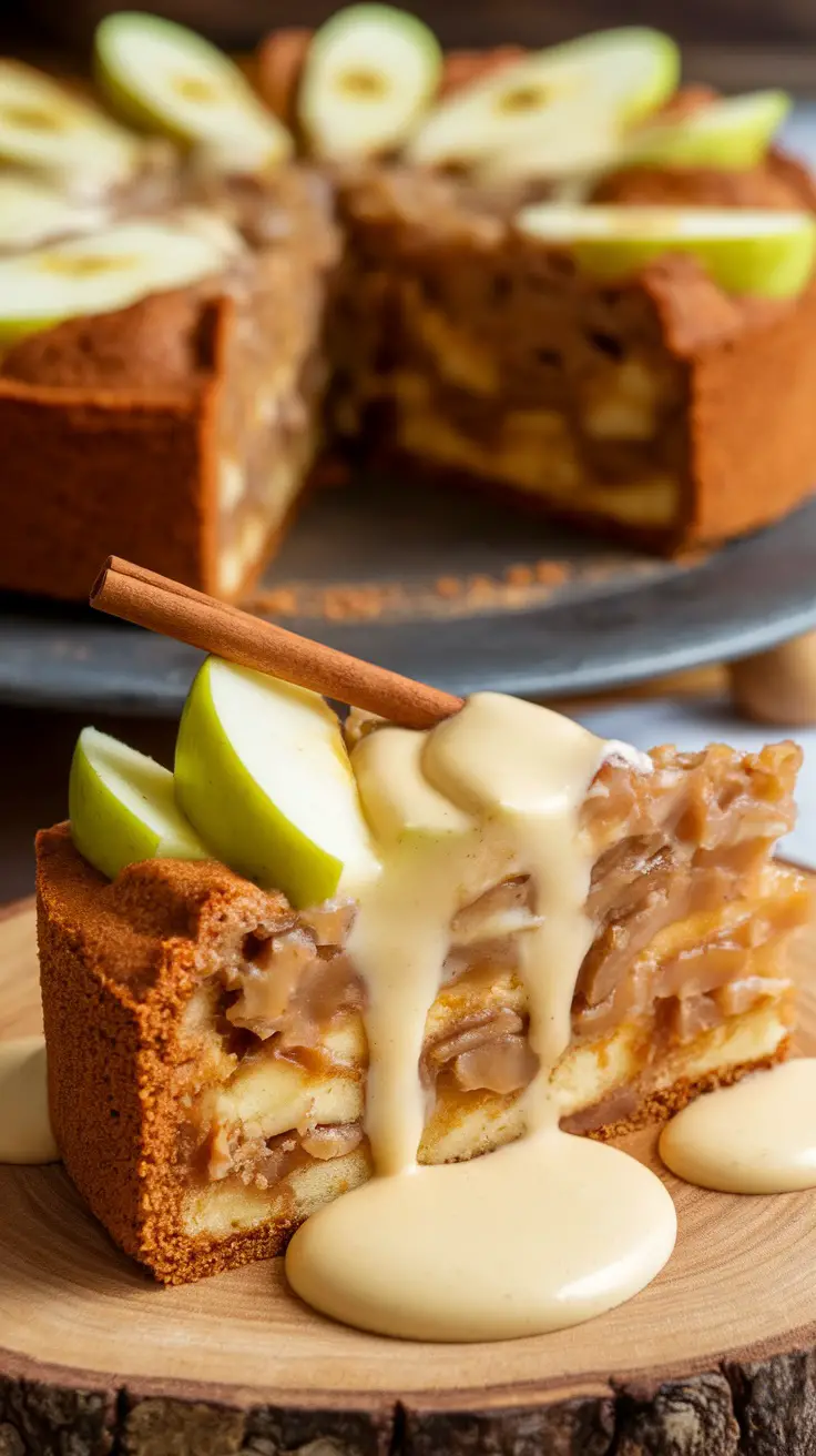 A slice of Irish apple cake with custard sauce, garnished with apple slices and a cinnamon stick.