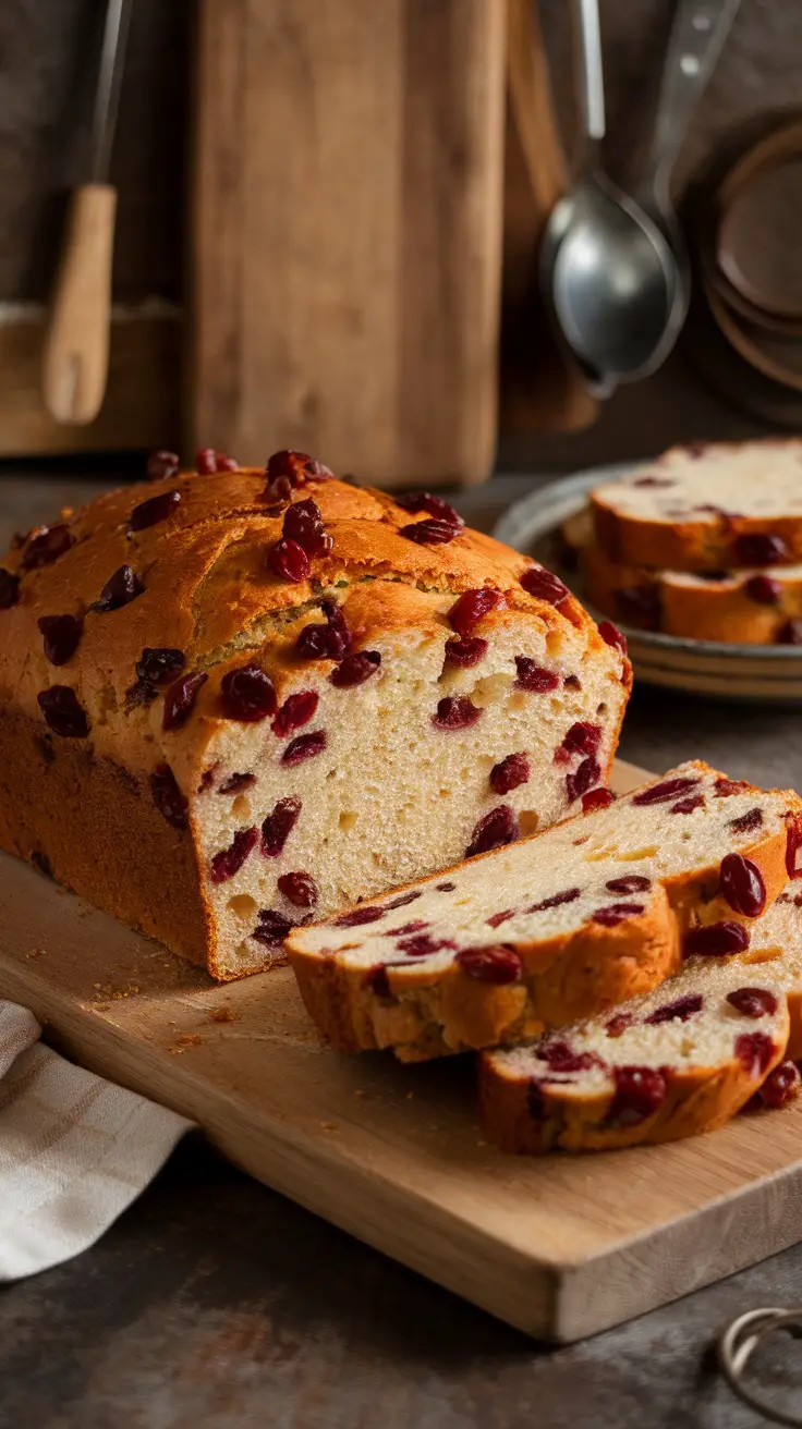 A loaf of Irish whiskey bread with currants, sliced and displayed on a wooden cutting board.