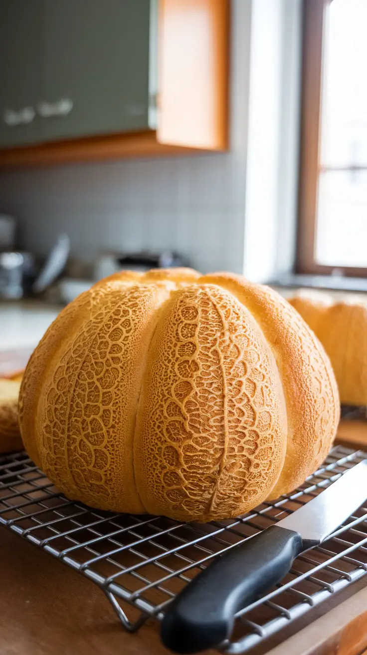 Freshly baked Korean melon bread on a cooling rack.