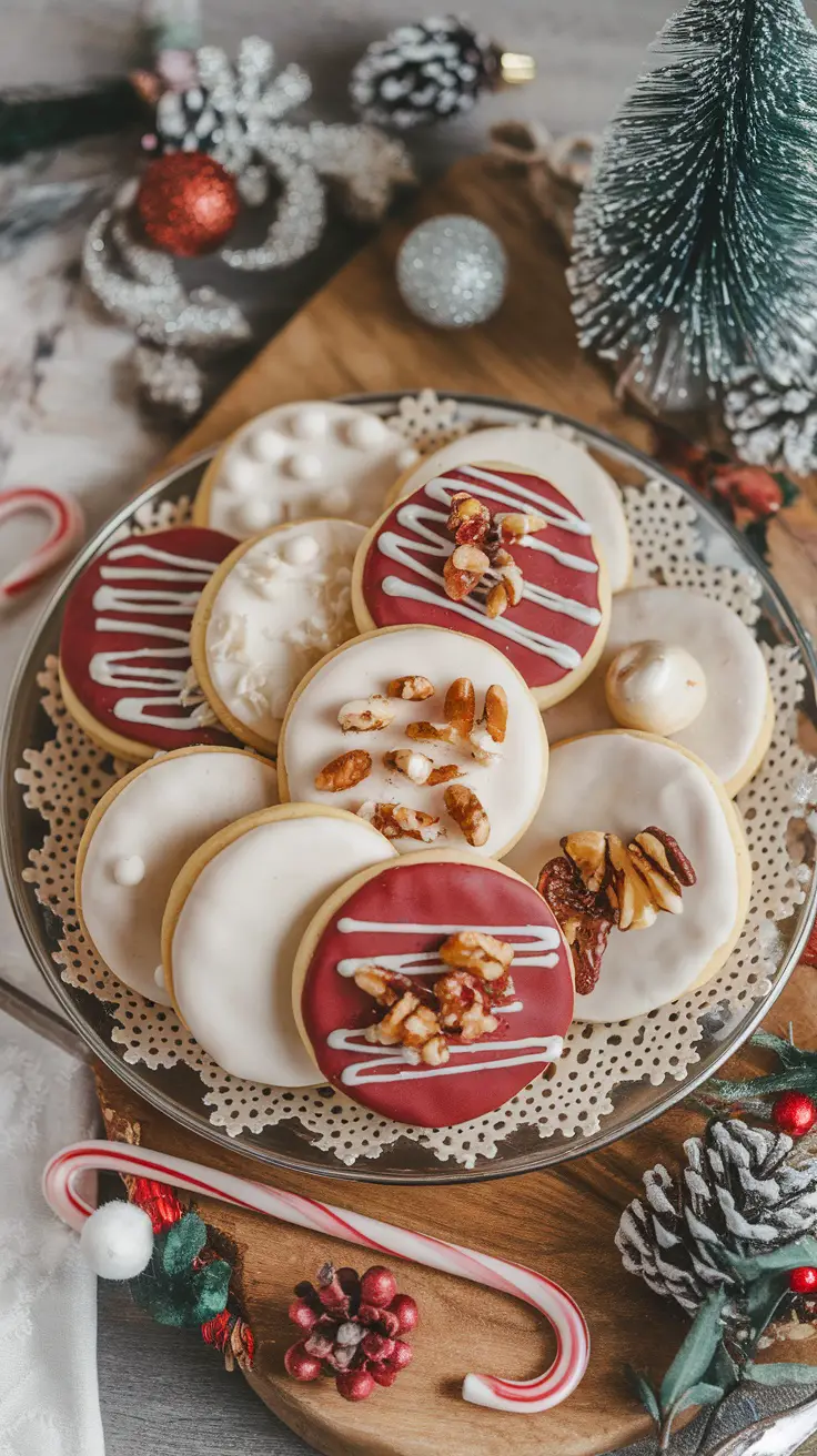 A plate of decorated Lebkuchen cookies with icing and nuts.