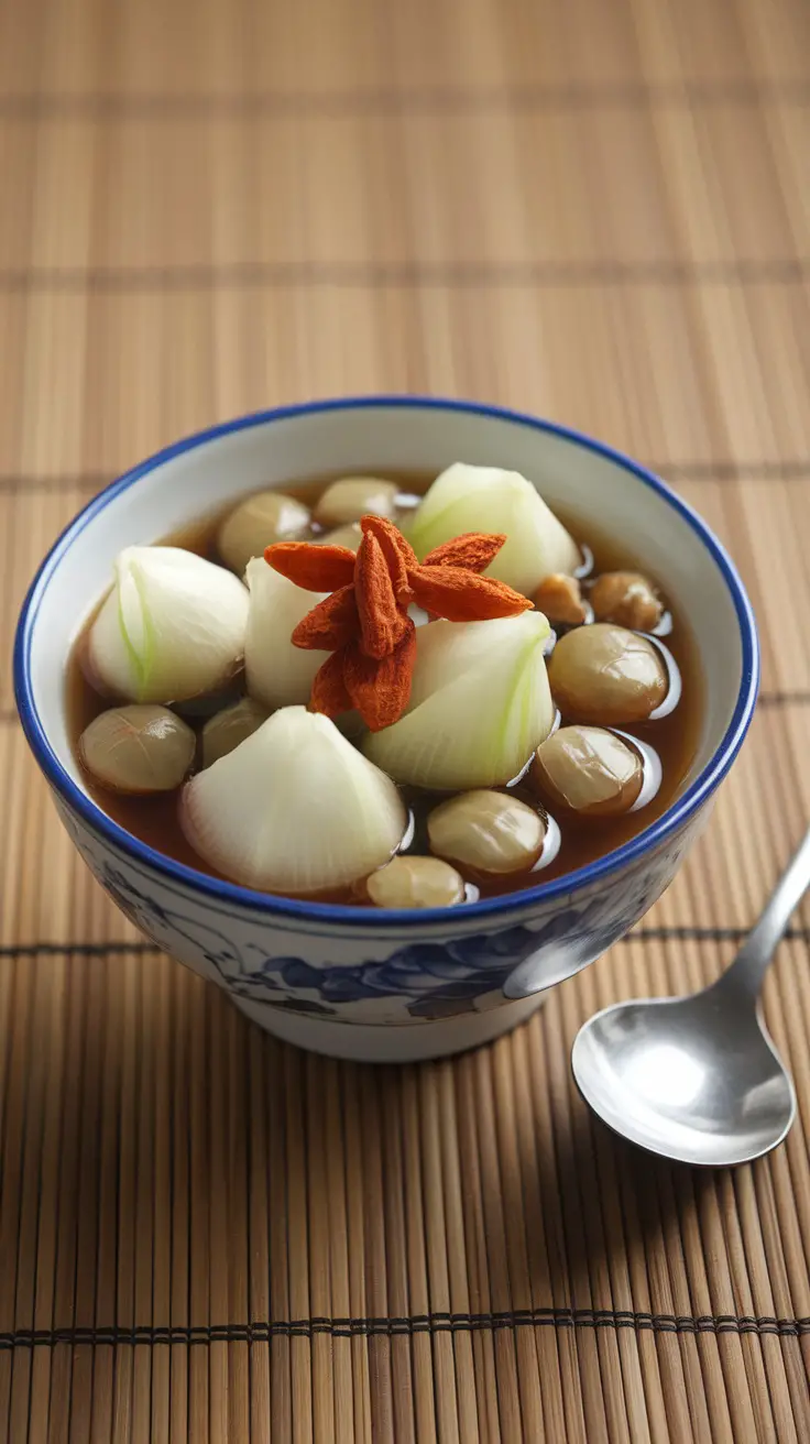 A bowl of Lotus Seed and Lily Bulb Dessert topped with goji berries.