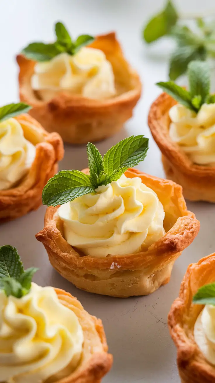Delicious mango mousse puff pastry cups topped with whipped cream and mint leaves.