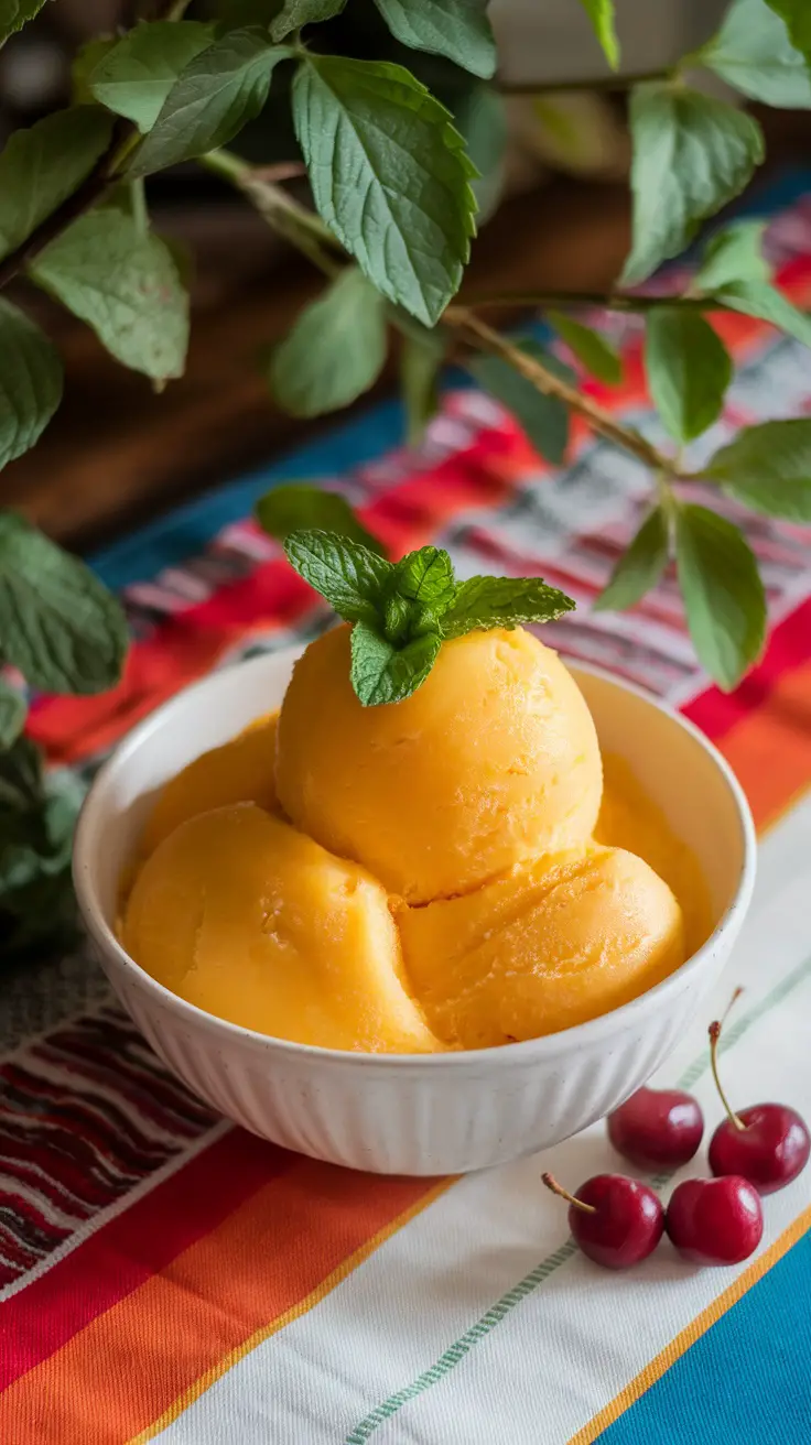 A bowl of mango sorbet garnished with mint leaves, surrounded by cherries.