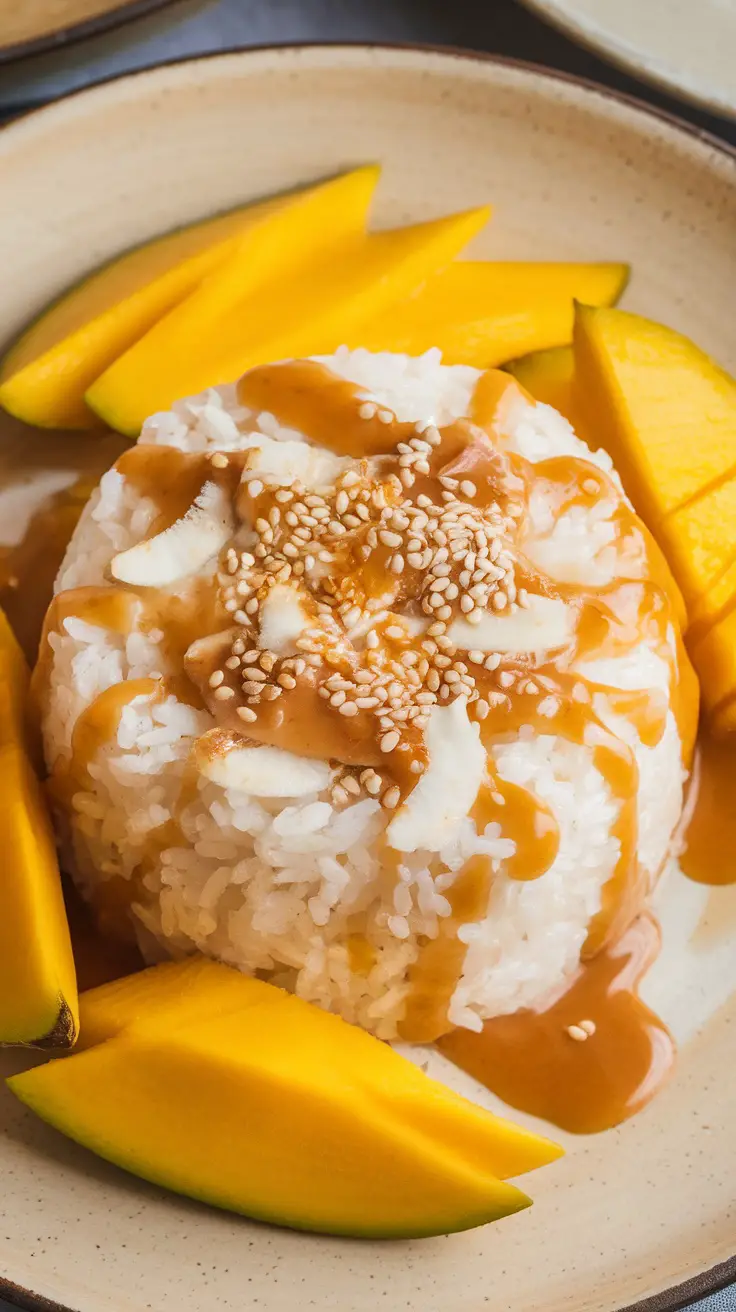 A plate of mango sticky rice topped with coconut sauce and sesame seeds, surrounded by mango slices.
