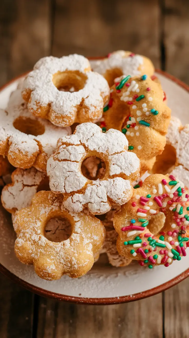 A plate of assorted mantecados, traditional Spanish cookies, dusted with powdered sugar and colorful sprinkles.