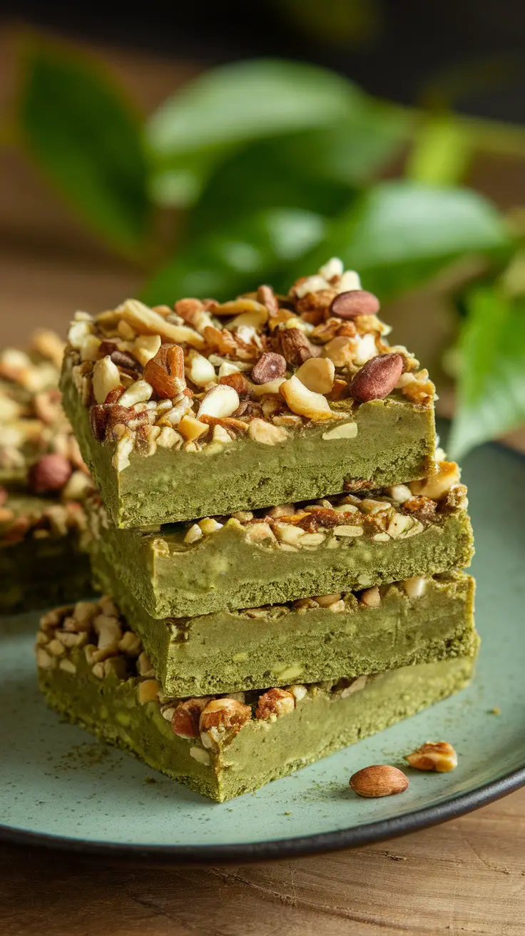 A stack of green matcha protein energy bars topped with nuts and seeds, sitting on a plate with greenery in the background.