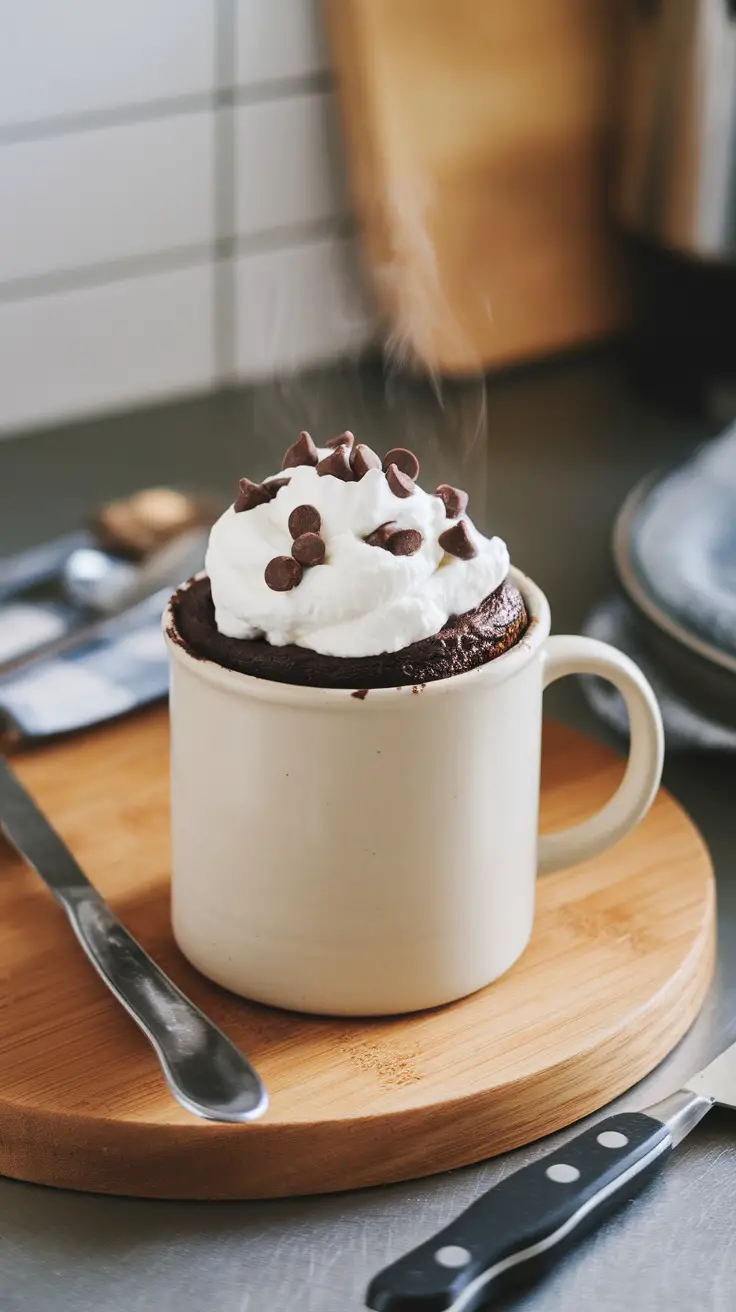 Close-up of a microwave mug cake topped with whipped cream and chocolate chips