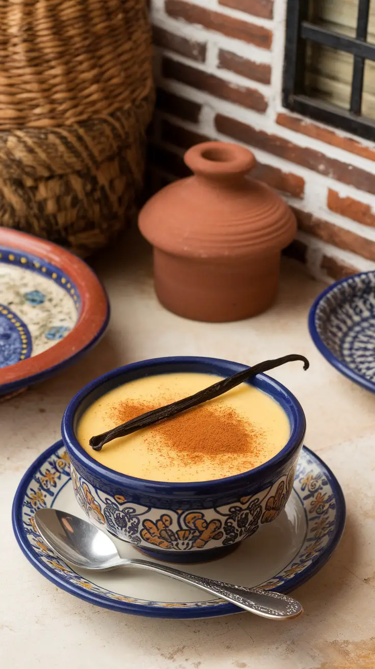 A bowl of natillas topped with cinnamon, served with a spoon on a decorative plate.