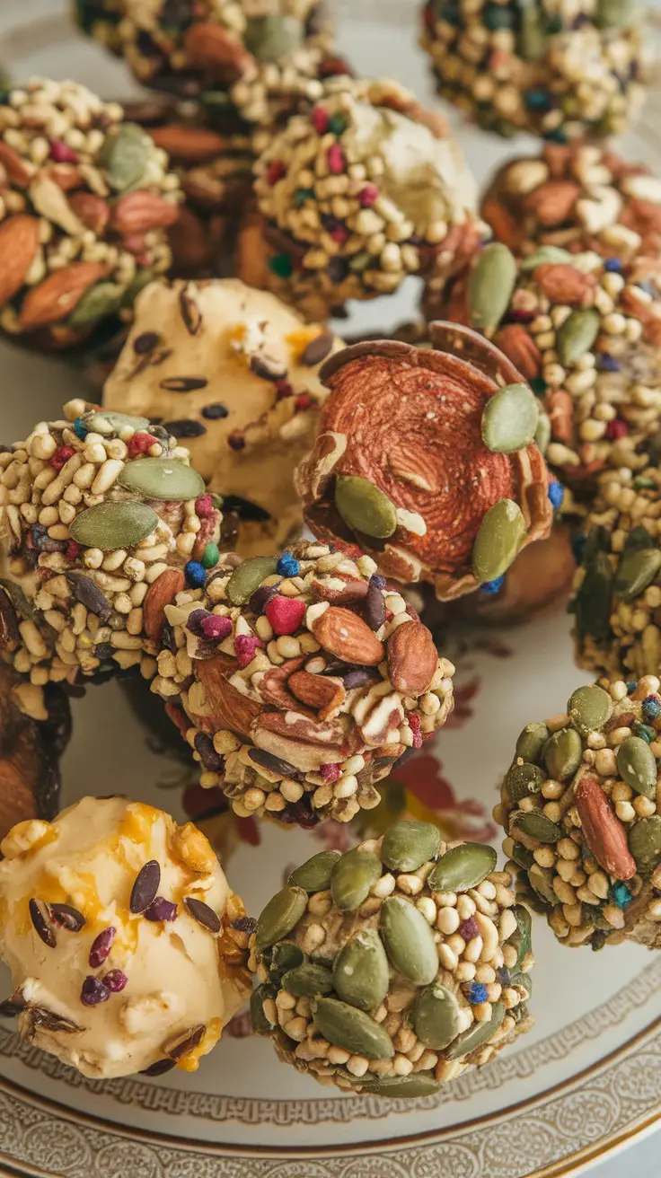 A plate of colorful nut and seed fat bombs, showcasing a variety of textures and toppings.