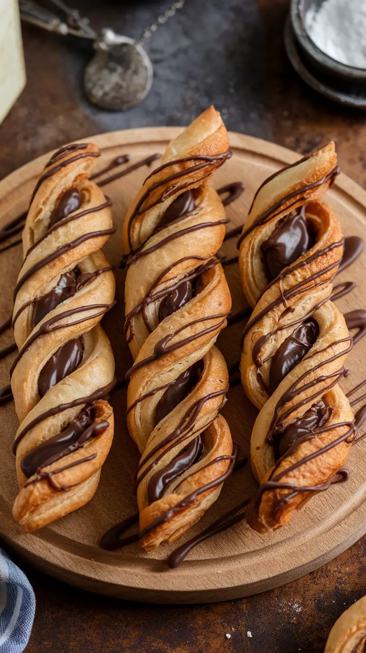 Nutella puff pastry twists drizzled with chocolate on a wooden plate