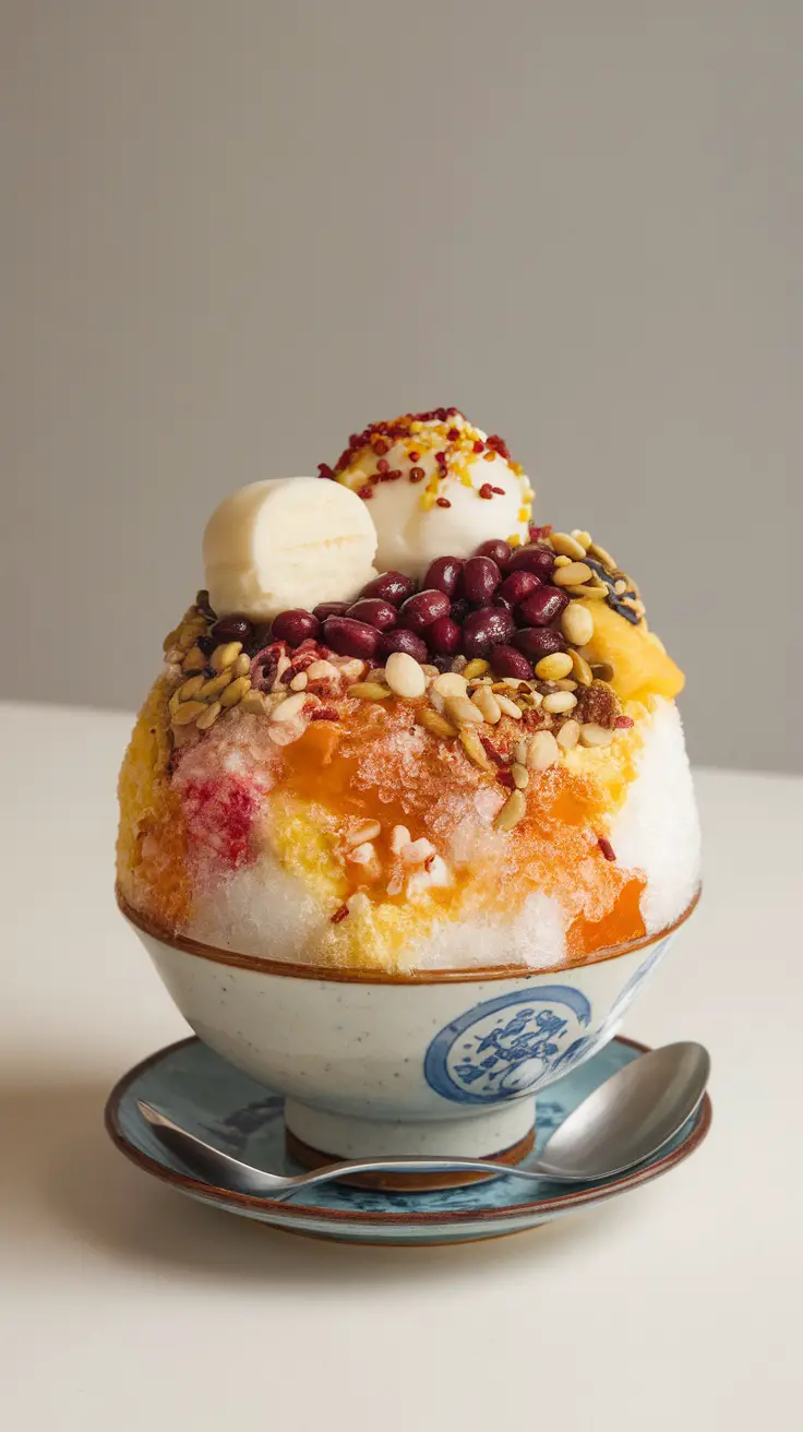 A bowl of Patbingsu featuring shaved ice topped with red beans, fruit, and ice cream.