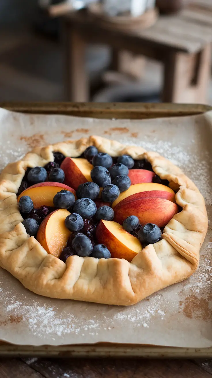 A peach and blueberry galette on a baking sheet, showcasing sliced peaches and blueberries in a flaky crust.