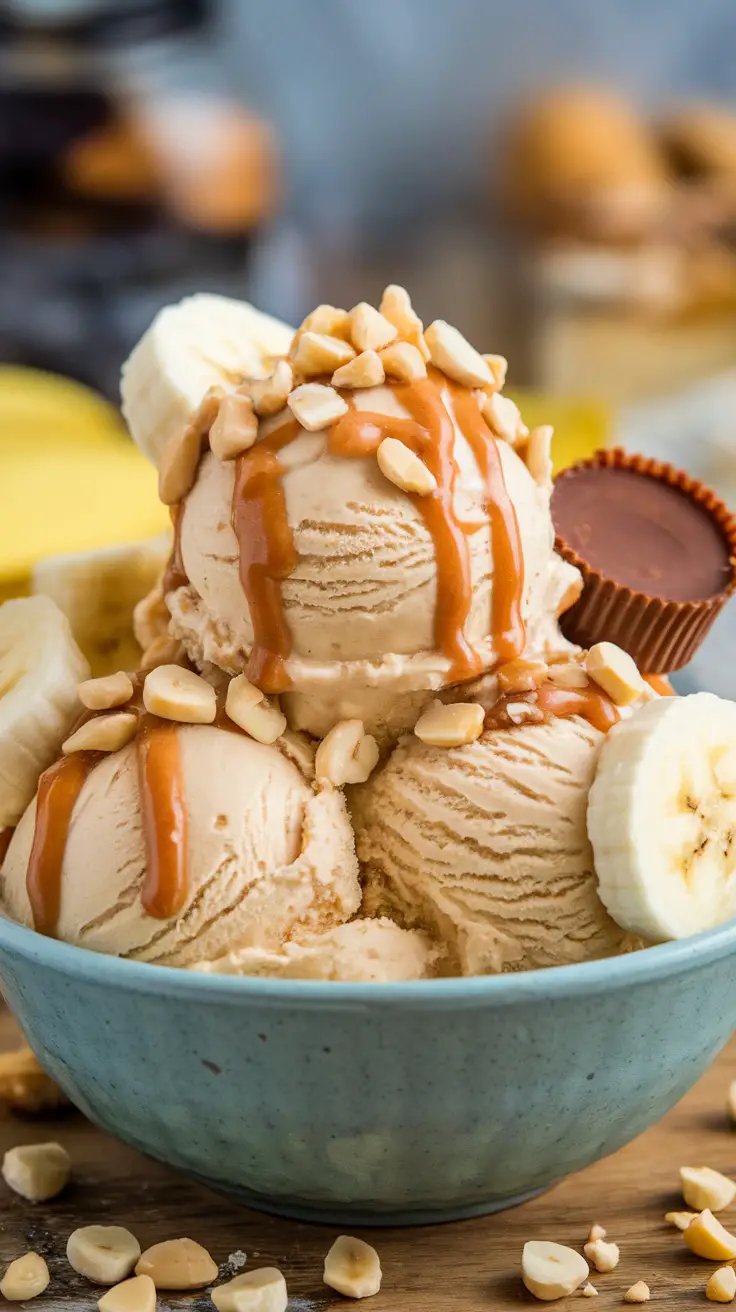 A bowl of peanut butter and banana ice cream topped with chopped peanuts and a drizzle of caramel.