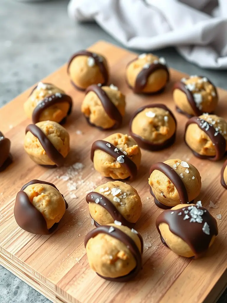 A wooden platter with peanut butter cookie dough bites dipped in chocolate and sprinkled with sea salt.