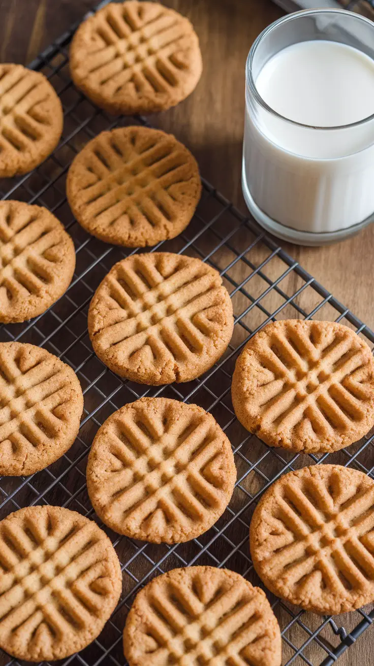 A plate of freshly baked peanut butter cookies with a glass of milk.