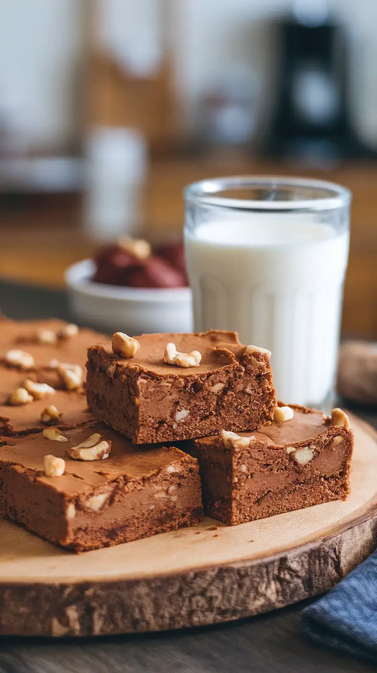 A plate of peanut butter protein brownies with a glass of milk and nuts.