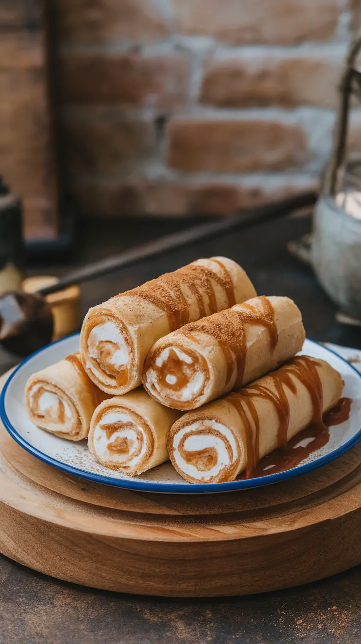 A plate of piononos, sweet rolled pastries filled with cream and drizzled with sauce.