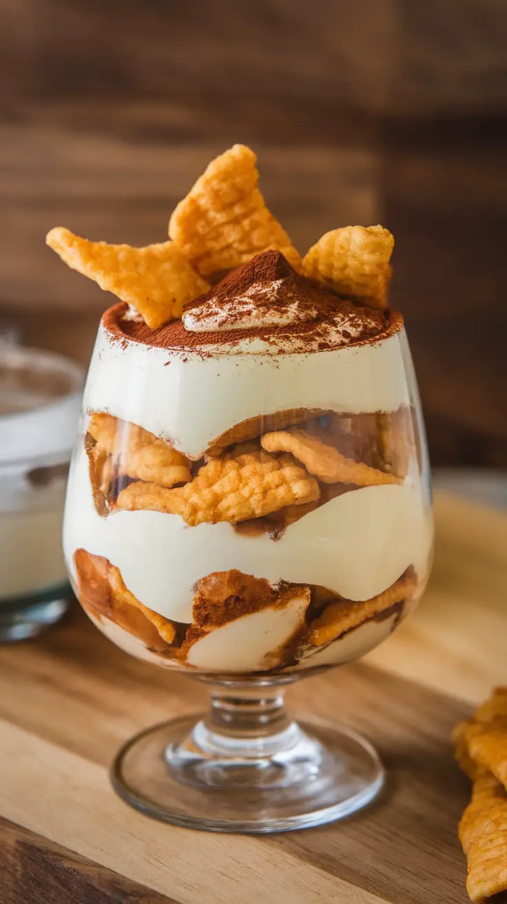 A glass of pork rind tiramisu layered with creamy mascarpone and topped with cocoa.
