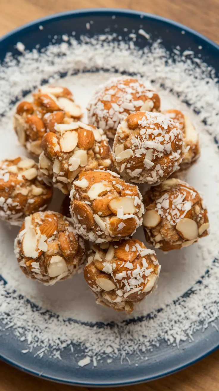 A plate of almond coconut energy bites coated in shredded coconut