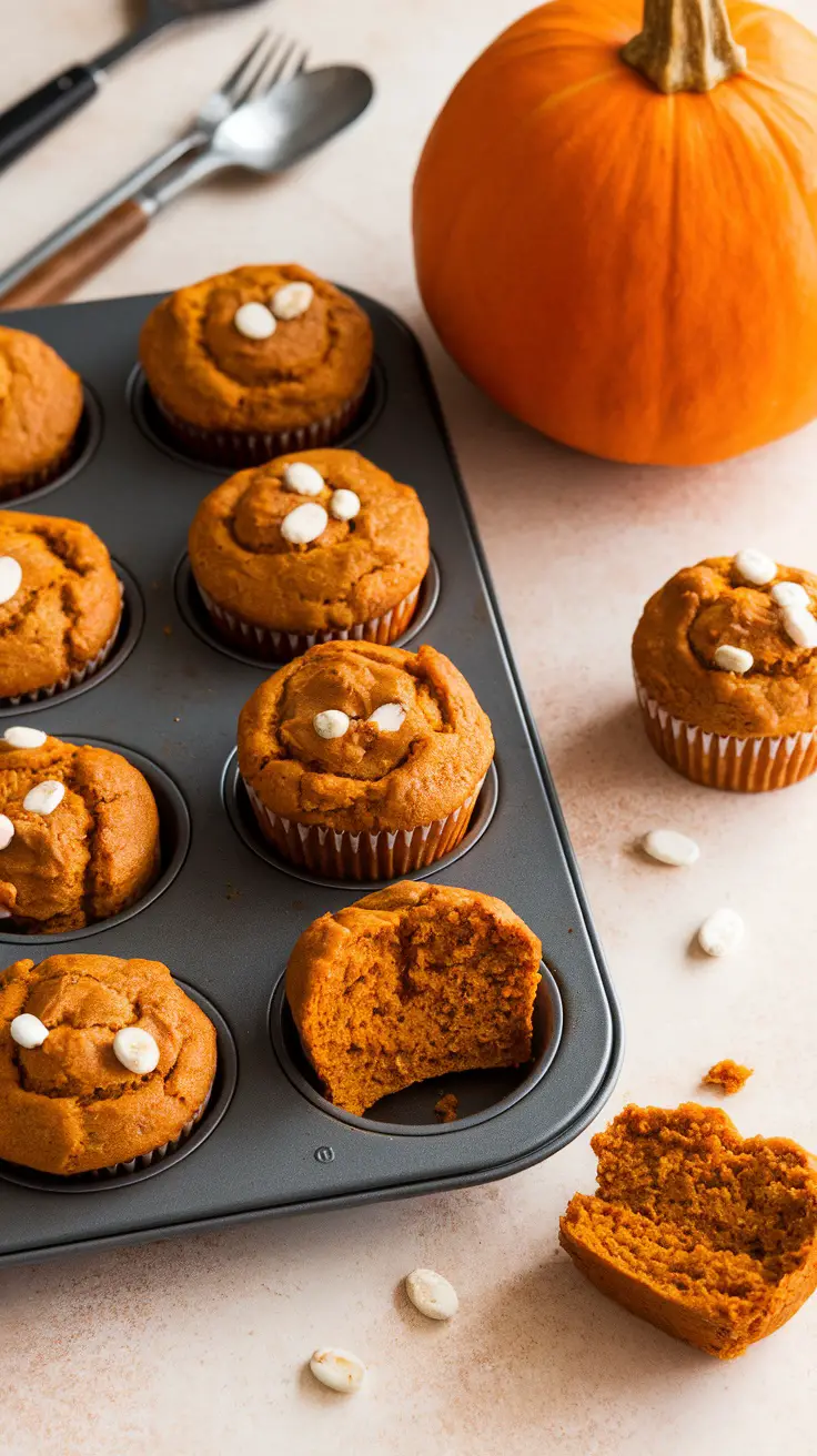 Freshly baked pumpkin muffins in a tray with a whole pumpkin beside them.