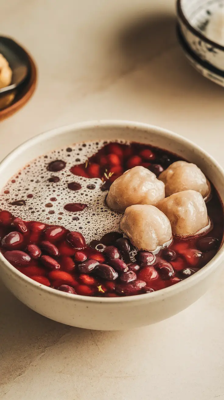 A bowl of red bean soup with coconut and glutinous rice balls.