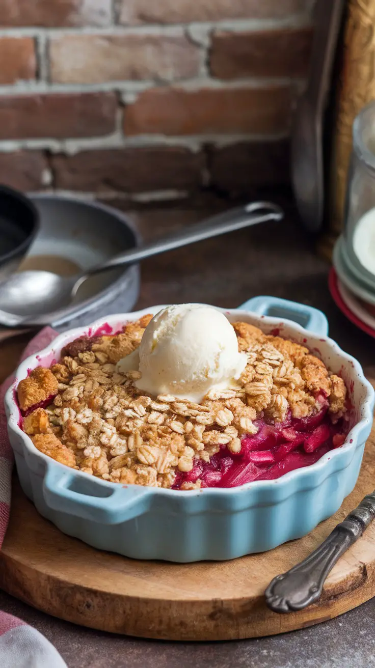 A delicious rhubarb crumble topped with oats and a scoop of ice cream in a blue dish.