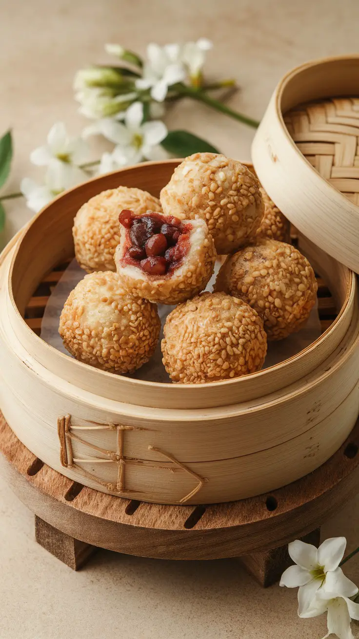 A bamboo steamer filled with sesame balls, showcasing their golden-brown exterior and red bean filling.