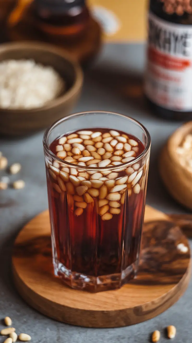 A glass of Sikhye, a sweet Korean rice drink with toasted pine nuts on top.