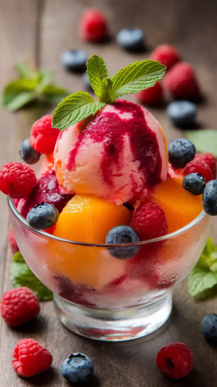 Colorful fruit sorbet served in a glass bowl with fresh berries and mint leaves.