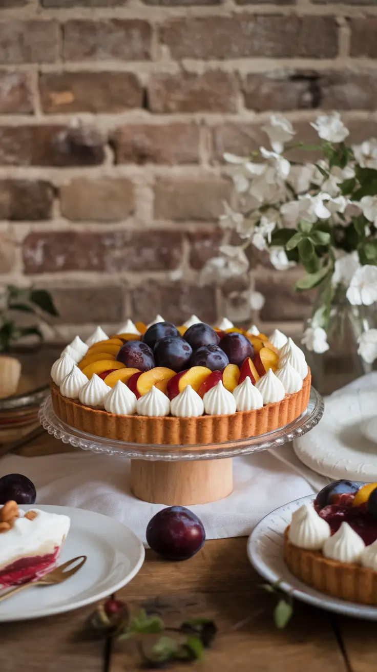 A beautifully presented spiced plum tart topped with whipped cream and fresh plums on a wooden table.