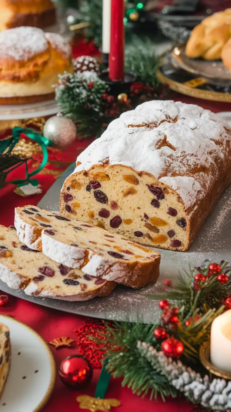 A beautifully sliced Stollen fruit bread with dried fruits and powdered sugar on top, placed on a festive table.
