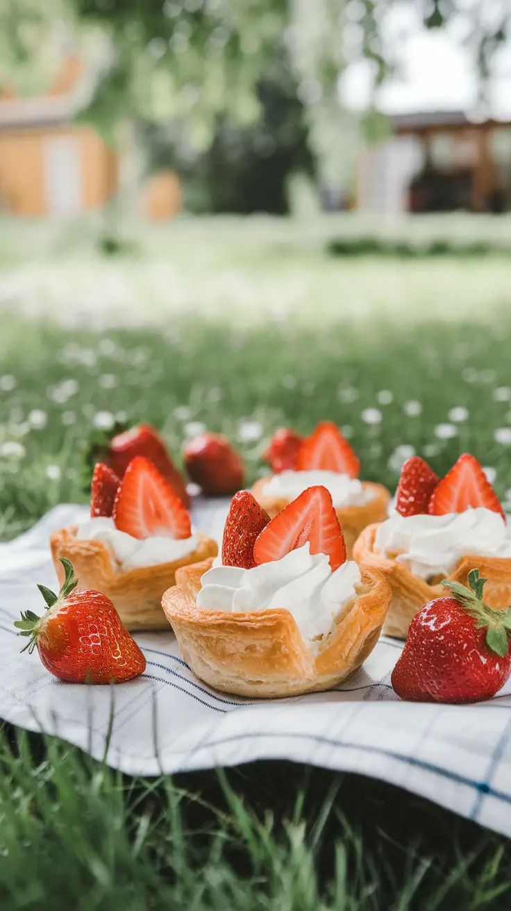 A close-up of strawberries and cream puff cups on a picnic blanket in a grassy area.