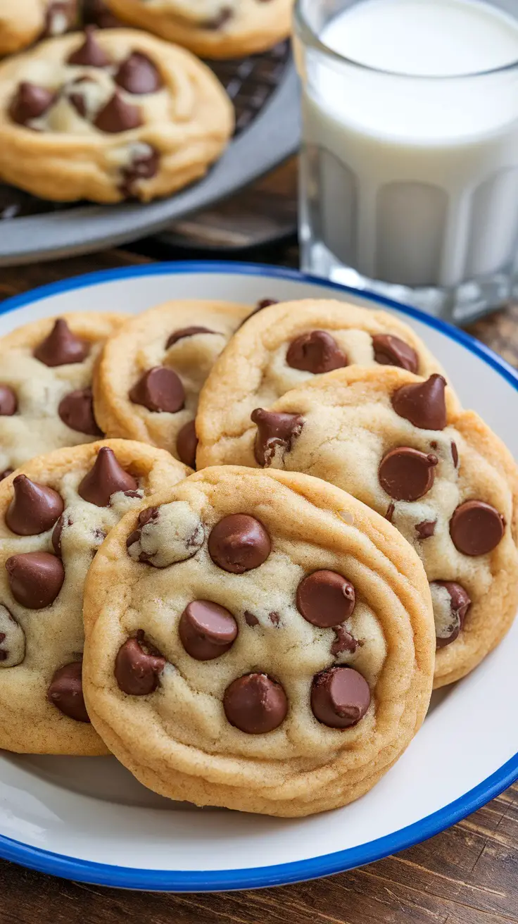 A plate of freshly baked sugar-free chocolate chip cookies with chocolate chips on top.