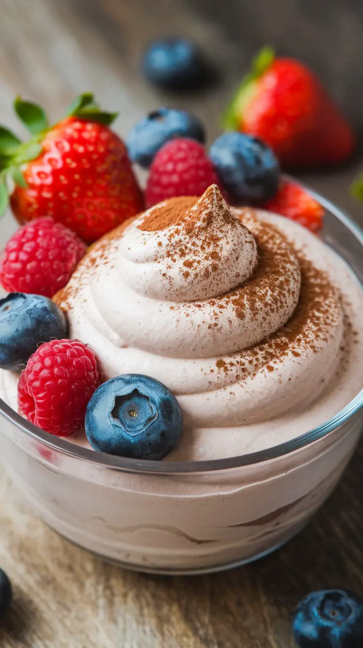 A bowl of sugar-free whipped cream topped with cocoa powder and surrounded by fresh strawberries, blueberries, and raspberries.