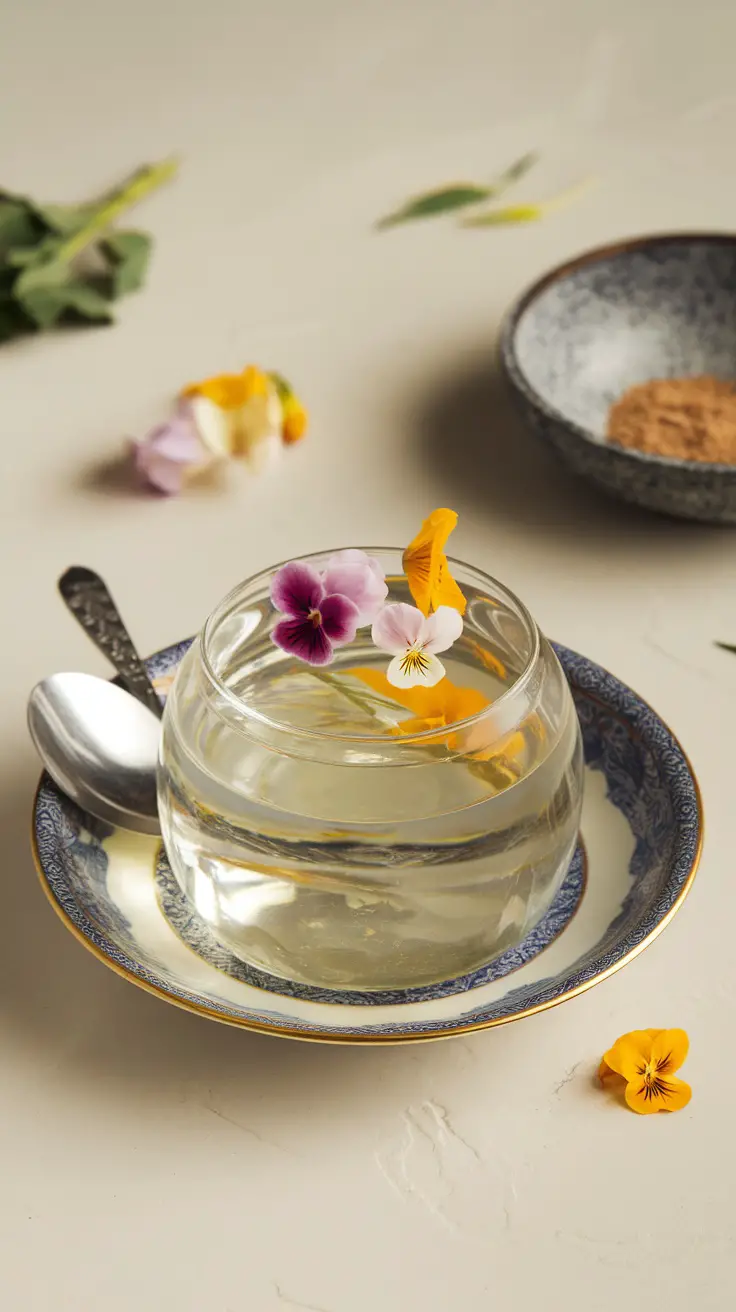 A bowl of sweet osmanthus jelly with edible flowers on top