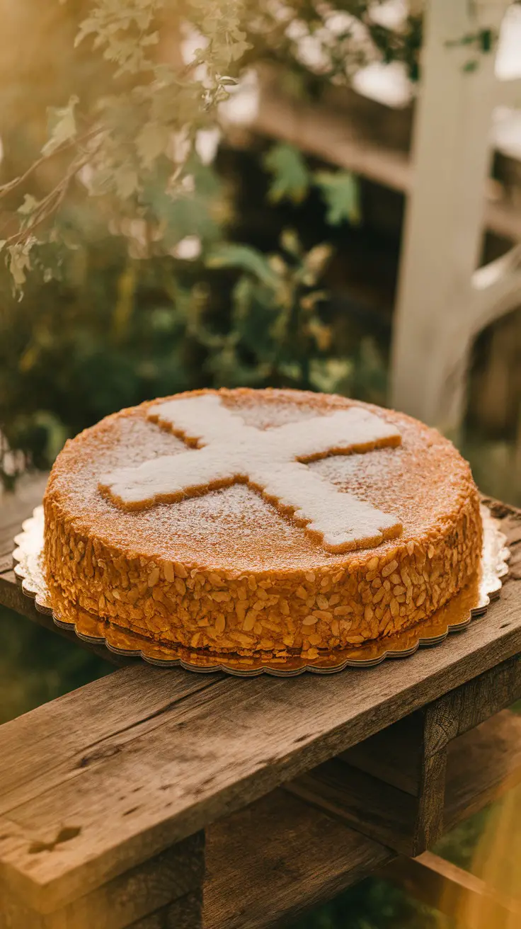 A beautifully decorated Tarta de Santiago almond cake on a wooden surface, featuring a powdered sugar cross design.