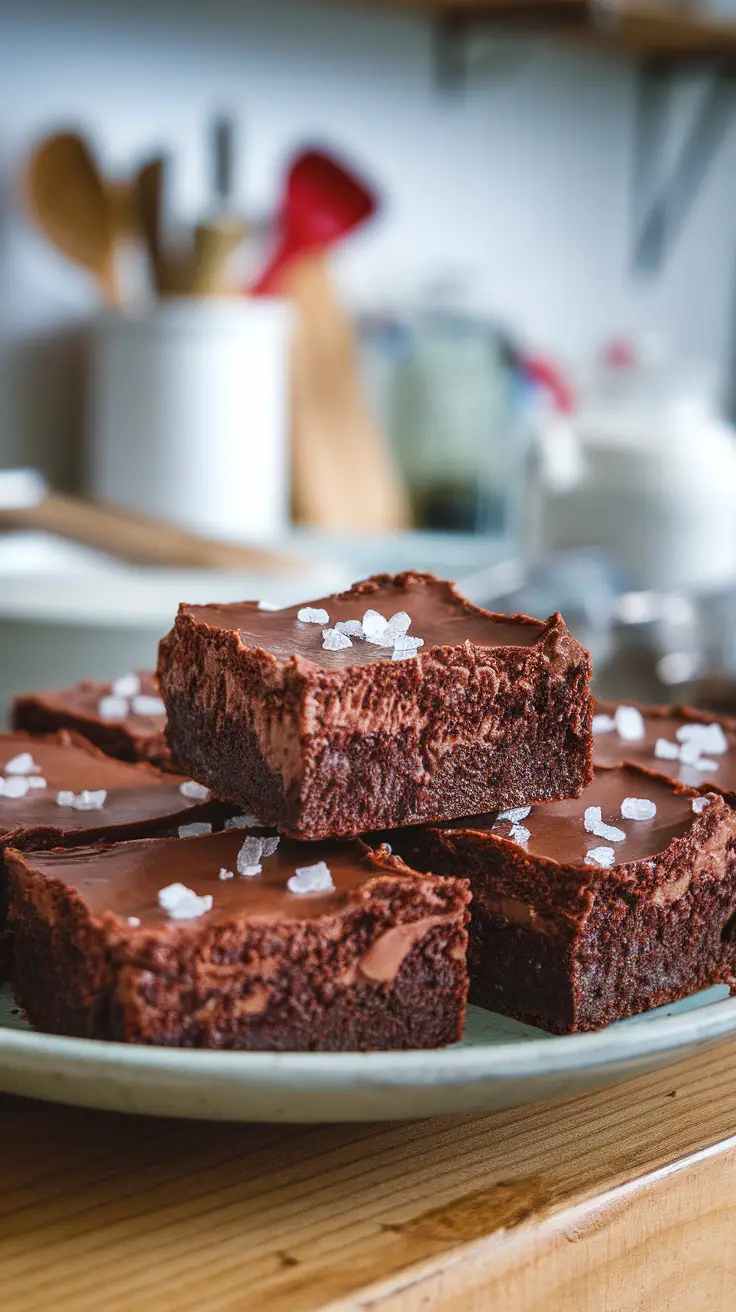 A plate of fudgy brownies topped with sea salt.
