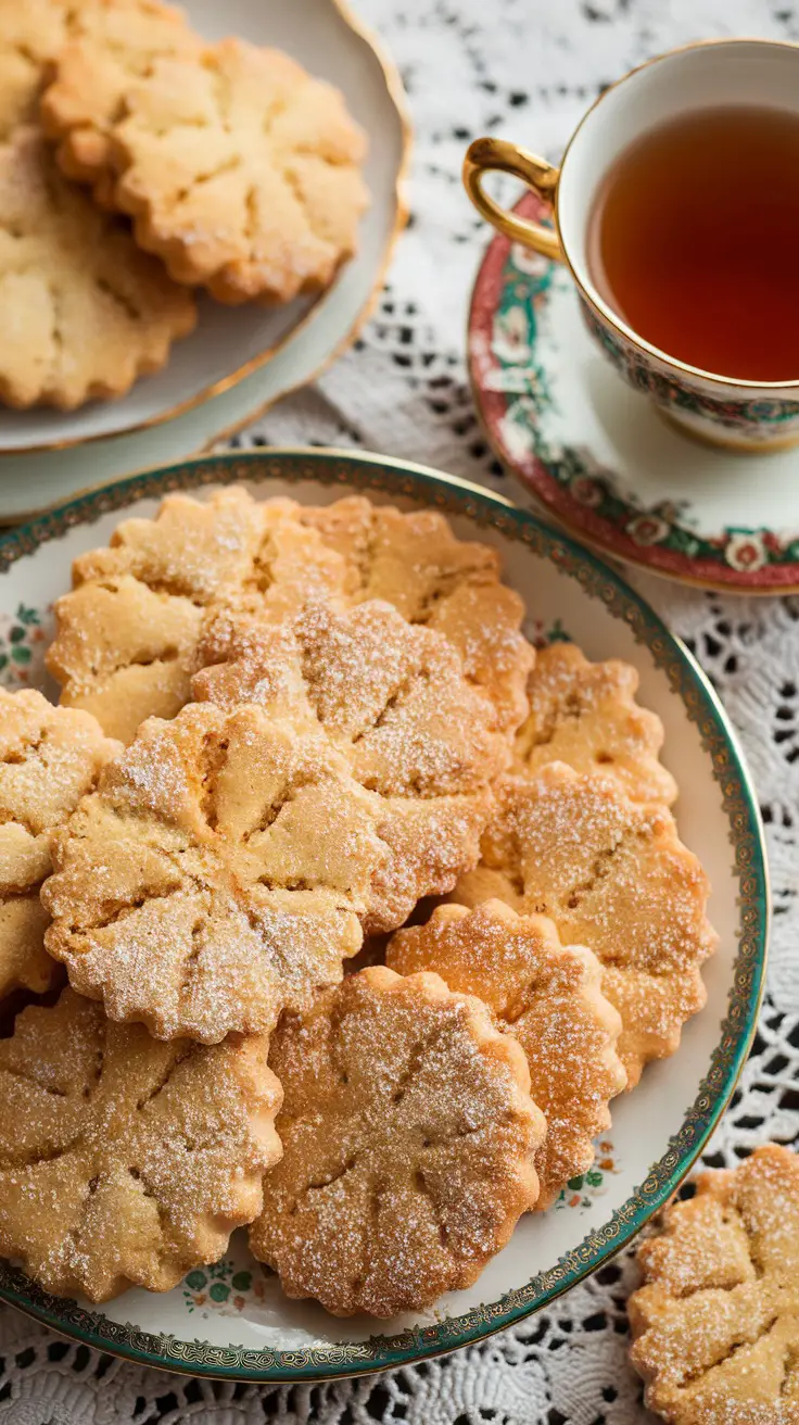 A plate of traditional shortbread cookies with a cup of tea beside it
