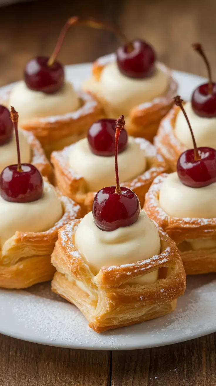 Delicious puff pastry bites filled with vanilla custard and topped with cherries.