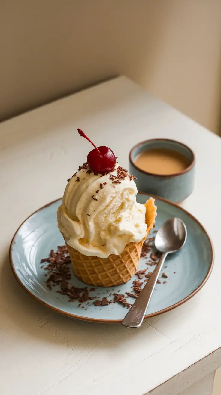 A delicious serving of vanilla gelato topped with a cherry, sitting in a waffle cone on a plate with chocolate shavings, accompanied by a small bowl of bone broth.