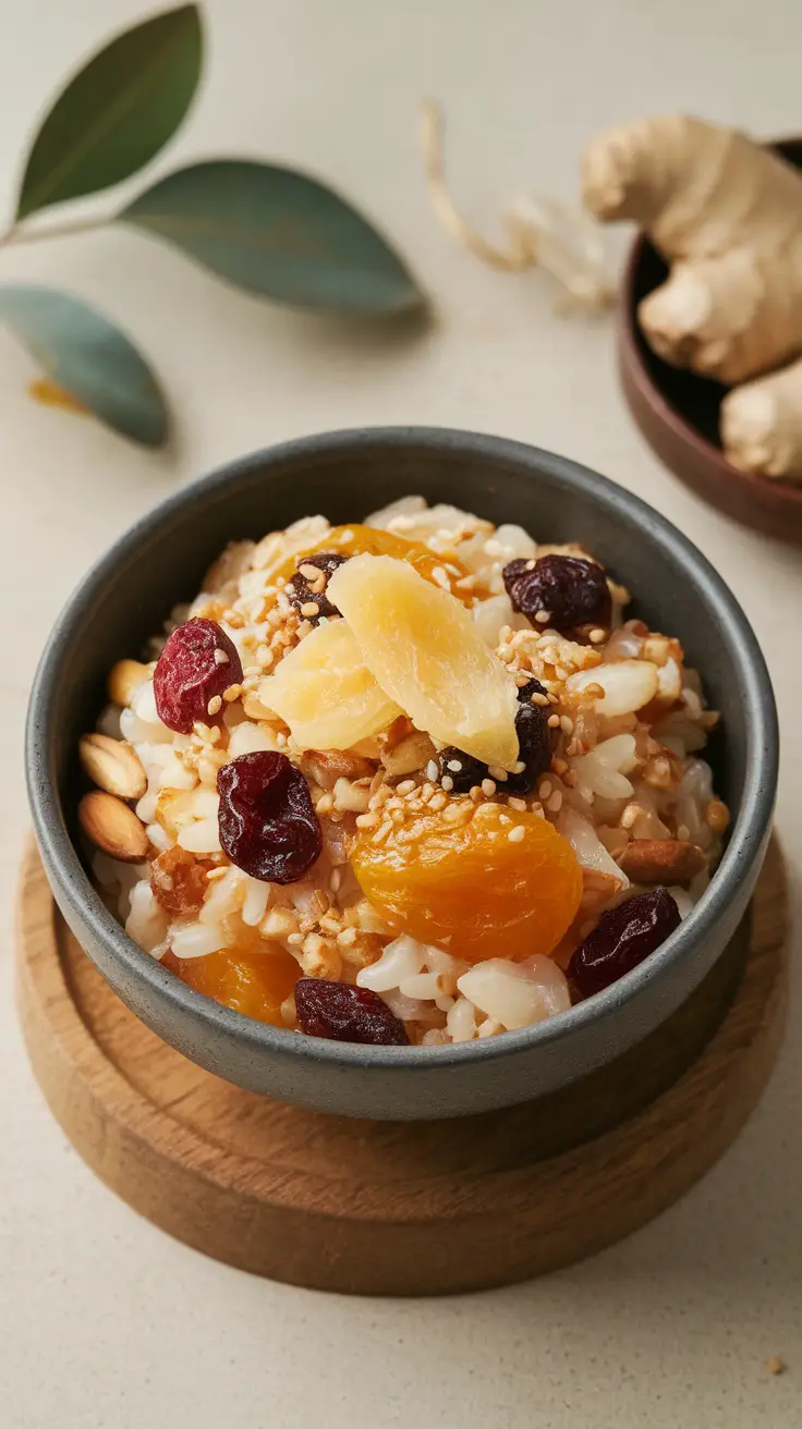 A bowl of Yaksik, a Korean dessert made with sweet rice, dried fruits, and nuts.