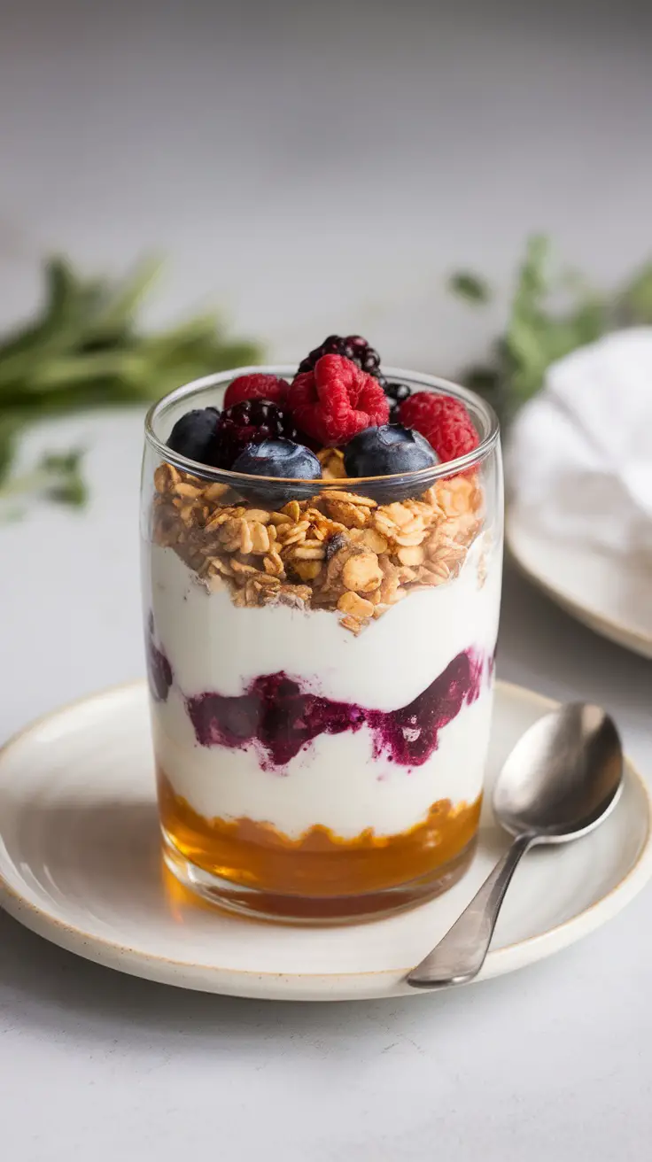 A delicious yogurt parfait with layers of yogurt, honey, granola, and fresh berries.